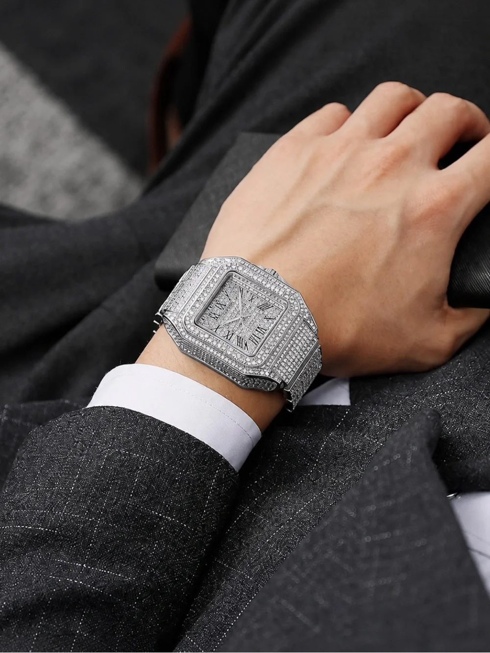 Iced Out Bust Down Watch VVS Simulated Diamond Stainless Steel Roman Numeral